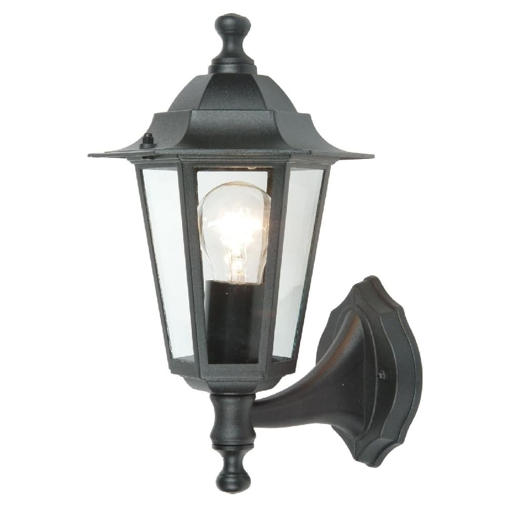 Britalia Black & Clear Glass Panel Outdoor Vintage Up Coach Lantern Wall Light | Ip44 Rated | 31Cm Height | 1 X Es E27 Lamp Required | Garden - Patio - Driveway | Uk Approved | Aluminium