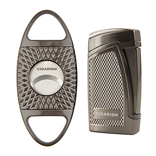 CIGARISM Double Torch Jet Flame Cigar Lighter Straight Cutter Set (Gun Metal)