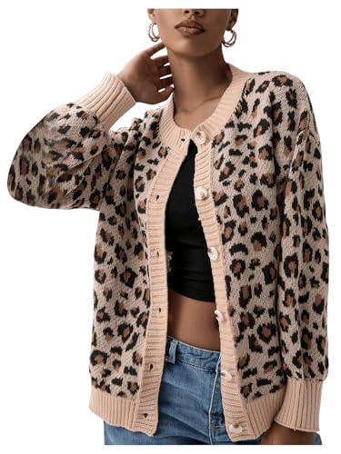 Image of BEAUDRM Women's Leopard Print Cardigan Button Front Cardigan Sweaters Crew Neck Drop Shoulder Long Sleeve Knit Tops Apricot Medium