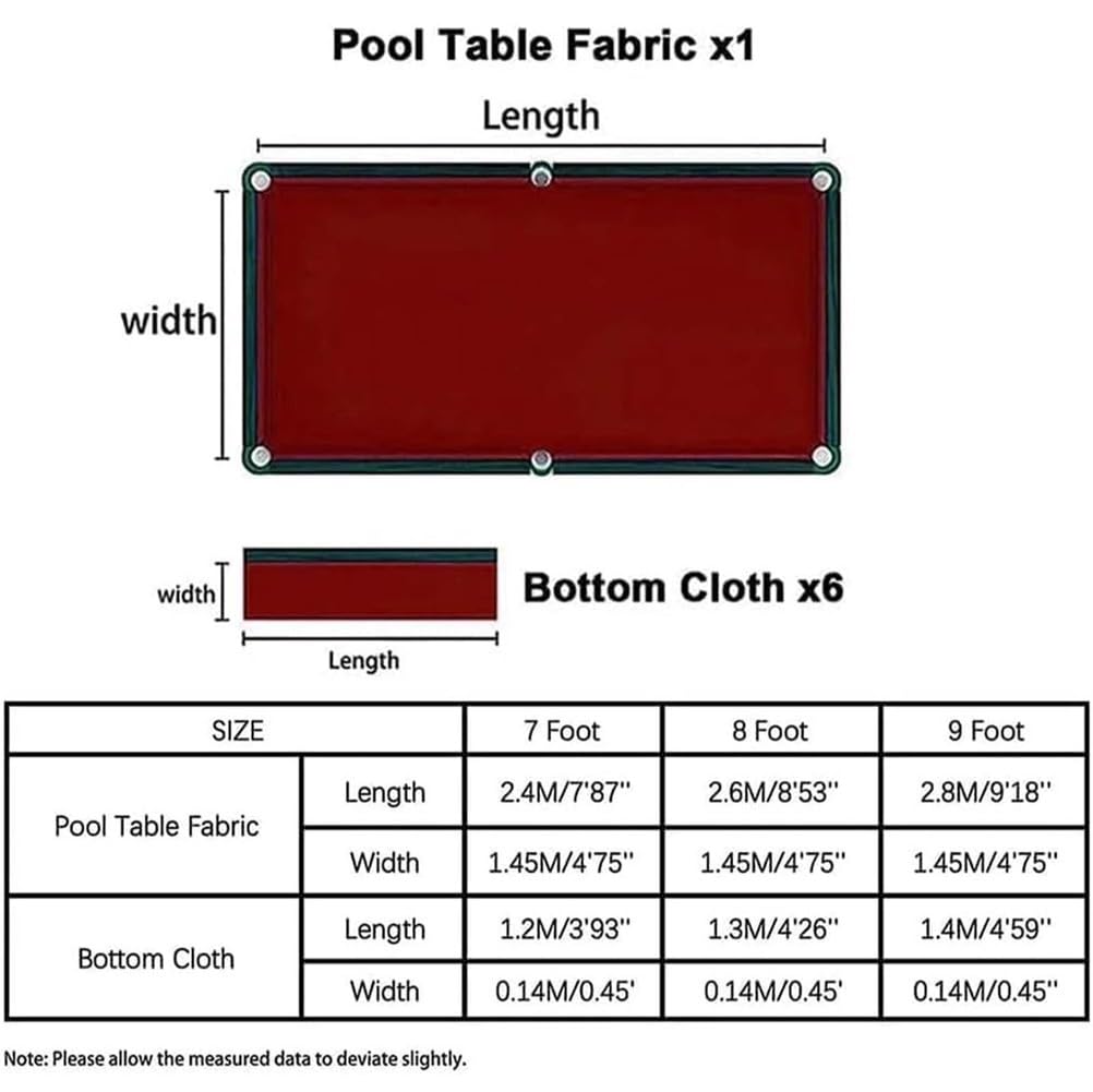 Paño de Billar estándar para Mesa de Billar, cojín de Fieltro de Mesa de Alto Rendimiento de 7/8/9 pies con Envoltura Lateral de 6 Piezas, Rojo,2.4M/7ft