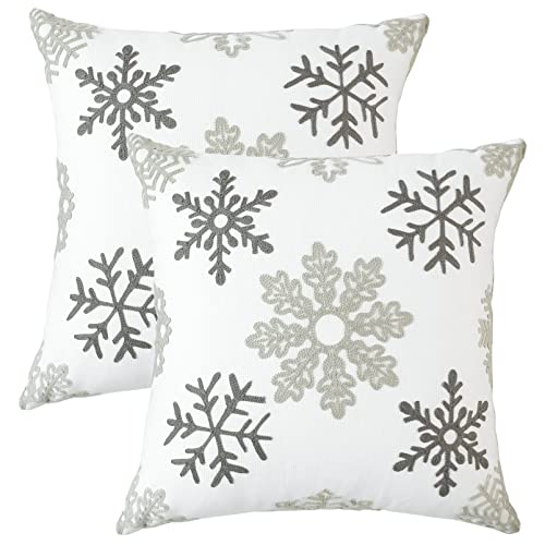 sykting Raised Embroidered Snowflake Pillow Covers Soft Cotton Canvas Neutral