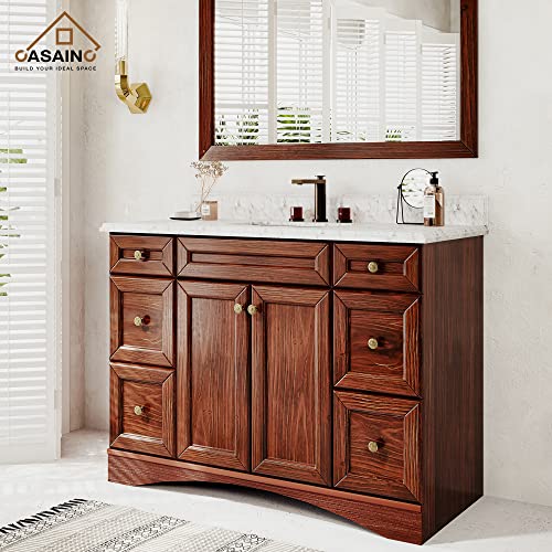 Casainc 48In Bathroom Cabinet, Traditional Brown Wood (100% Fir) Bathroom Storage Cabinet, Freestanding Cabinet With 2 Doors 6 Drawers With Carrara Marble Sink Vanity Top And Mirror #TOP3