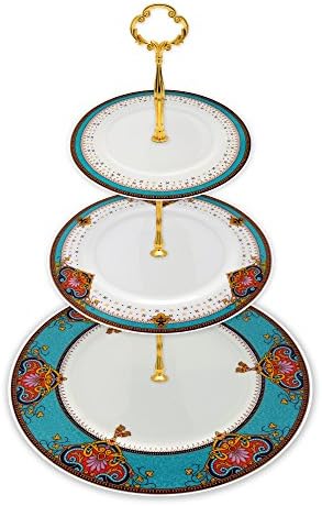 TransSino Treasures Fine Bone China 3 Tier Cake Stand in Vibrant Blue Red and Brown