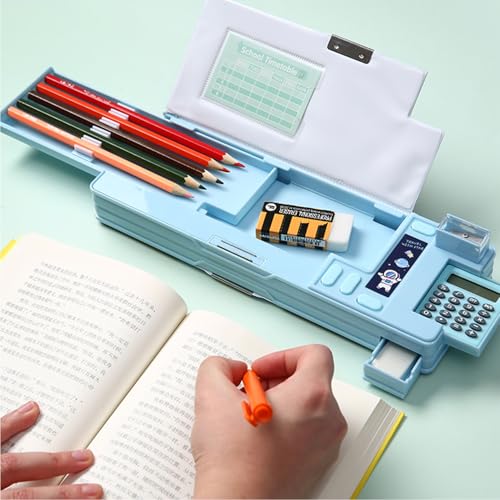Image of Pop Up Multifunction Pencil Case, Cute Cartoon Pen Box Organizer Stationery with Calculators, Sharpener, Schedule, School Supplies, Best Birthday Gifts for Kids Teens (Light Blue)