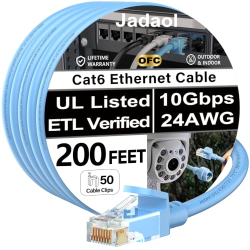Image of Jadaol [UL Listed Cat6 Ethernet Cable 200FT with Clips 10Gbps 24AWG, Blue | 1FT 3FT 5FT 10FT 15FT 20FT 25FT 30FT 35FT 50FT 60FT 75FT 100FT 150FT RJ45 LAN Patch Cable for Router, Modem, Switch, Gaming