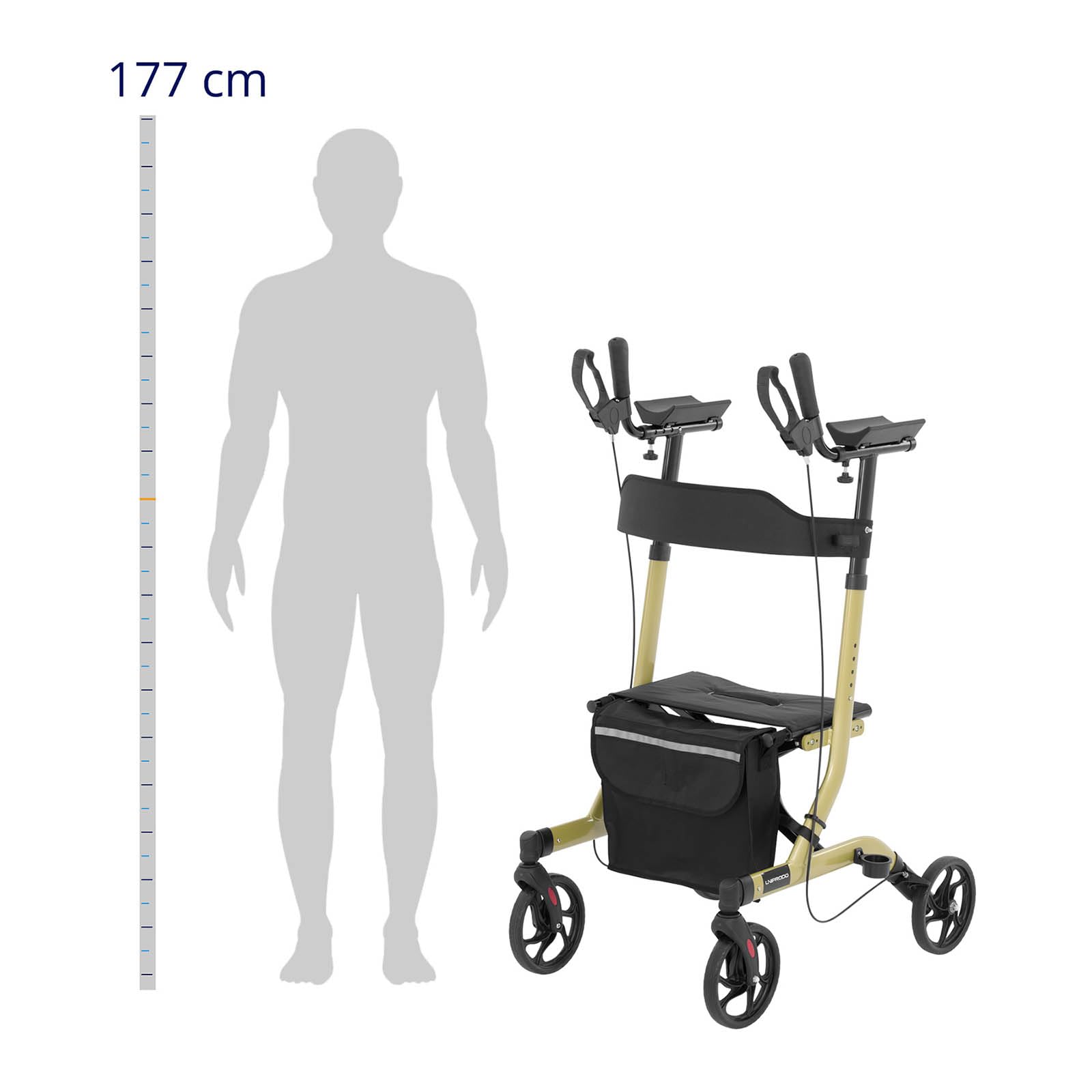 UNI_ROLL_05 F - Andador plegable (136 kg, 1050 – 1150 mm, ligero, con respaldo, asiento y soporte para bastón, carrito ligero