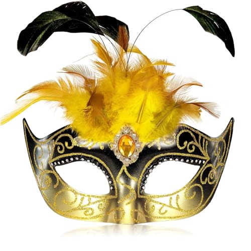 MYSEUNI Masques de mascarade noirs et dorés pour femme avec plumes - Masque vénitien doré pour Mardi Gra, Noël, anniversaire