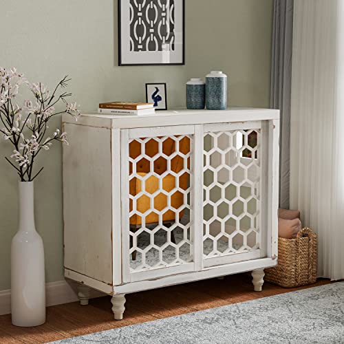 COSIEST 31.5' W Sideboard Buffet Cabinet with Mirrored Doors and Adjustable Shelf, Kitchen Storage Cabinet with Sliding Doors for Dining Room, Hallway, Living Room (White, Honeycomb Pattern)