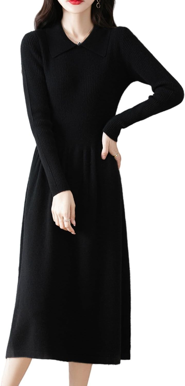 100% Merino Wool Sweater Dress Women's Long Sleeve Knitted Flip Collar Fall Winter Long Tops
