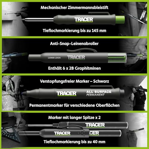 Tracer 5-teiliges Konstruktionsmarker-Set mit Aufbewahrungskoffer – Zimmermannsbleistift, 2 x Marker mit langer Spitze, verstopfungsfreier Marker und Ersatzminenspender