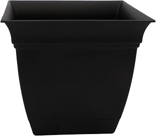 HC Companies Eclipse 12" Square Plastic Planter with Saucer - UV-Resistant Lightweight Indoor Outdoor Plant Pot, Black