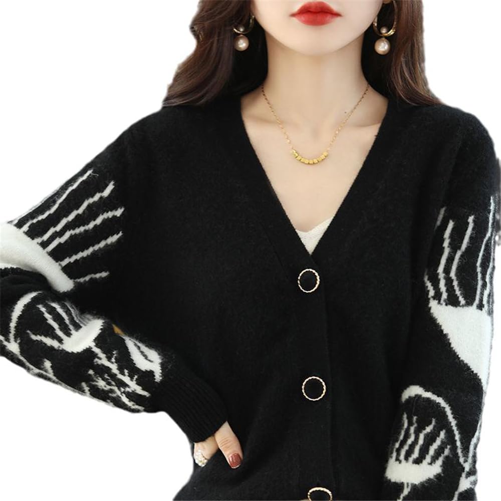 Women Cardigans Wool Knitted Sweater Coat Winter Long Sleeve -Neck Loose Female Casual Black White Sweaters