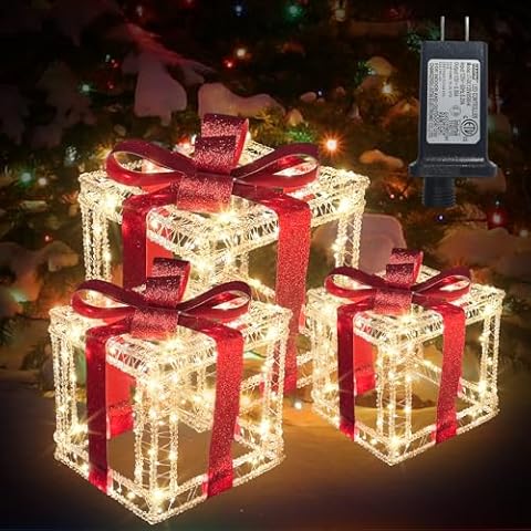 Set of 3 Christmas Acrylic Lighted Gift Boxes with Twinkle Lights,10+8+6 Inches 480 LED Warm White Fairy Lights，Christmas Light Up Gift Box Waterproof for Christmas Party Indoor Decoration Cover