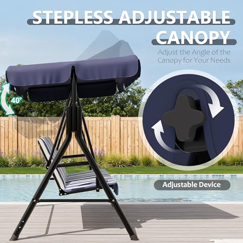 Image of Garvee Outdoor Porch Swing with Adjustable Canopy, 3-Seat Patio Swing Chair with Stand, Heavy Duty Outdoor Swing for Adults, Metal Frame Patio Swing for Garden, Backyard & Poolside,Striped Blue