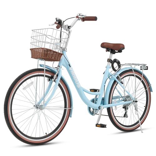 VIRIBUS Beach Cruiser Bike for Women, 7 Speed Womens Bike 26 in, Bicycle with Basket, Rack and Drum...