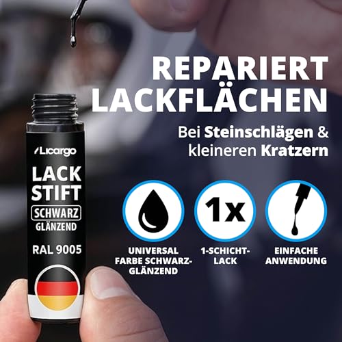 LICARGO Lackstift Schwarz Glänzend – Präziser Pinsel für kleine Kratzer & Steinschläge – Hohe Deckkraft, schnelle Trocknung – Auto Lackstift, Felgenlack, Lackreparaturstift, Made in Germany