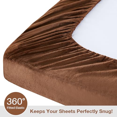 Image of Viviland Microfleece Full Bed Sheet Set, Brown | Soft Flannel-like Fleece, 100% Polyester, Fluffy Velvety Feel, 200GSM, 15 inch Deep Pocket, Warm Winter Gift & Decor