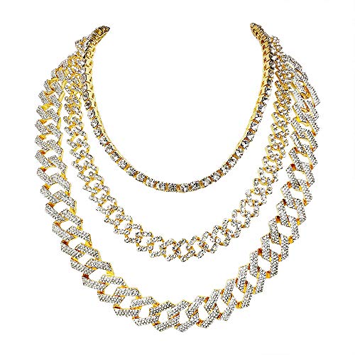 FW Jewelry Unisex Hip Hop Rapper Bling Silver Gold Iced Out Diamond Tennis Cuban Link Chain Sets / 3 Pieces Necklace 16