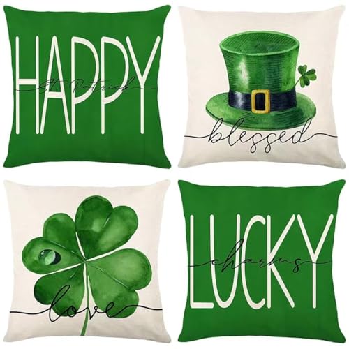 St Patricks Day Decor-Throw Pillow Covers 18x18 in Set of 4,Shamrock Linen Pillow Case with Green Hat Irish for Large Couch Sofa Home Indoor Outdoor Holiday Decorations