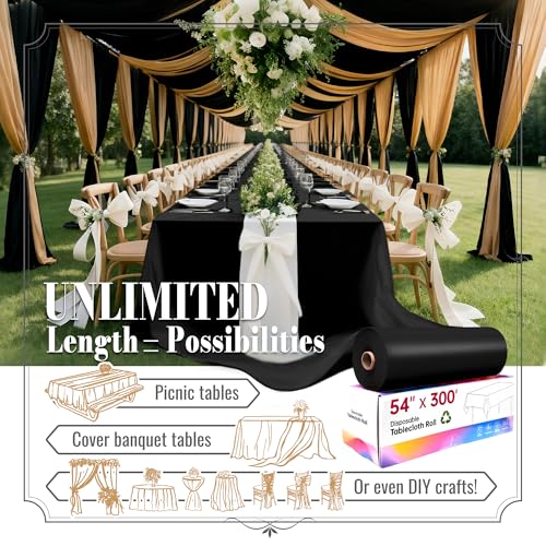 Image of 600FT X 54IN Plastic Table Cloth Disposable, Black Table Cover Roll