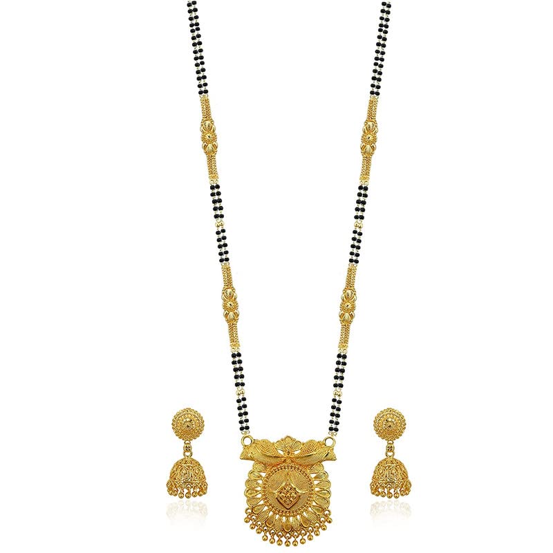 GenericAleafa Armlet Presents Traditional Necklace Pendant Gold Plated Glorious Hand Meena 30 Inch Long 2 Inch Earring Set Mangalsutra/Tanmaniya/Nallapusalu/Black Beads Mangalsutr #Aport-0731