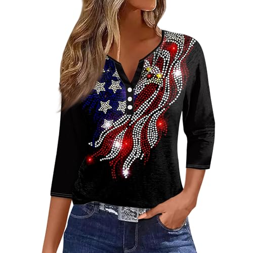 Image of 4th of July Shirts Women 3 /4 Length Sleeve Womens Tops Henley Neck Casual Patriotic T Shirts