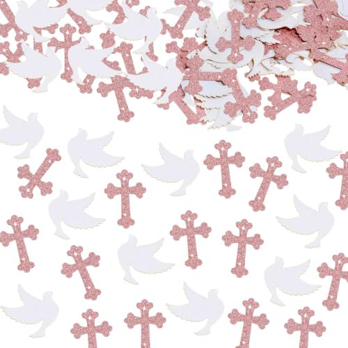 ONLYKXY 100pcs Big Glitter Paper Halloween Christmas Scatter Confetti Table Decor for Theme Party Easter Spring,Fancy Tablescape Sequins for Crafts (Rose Gold & White, Cross & Birds)