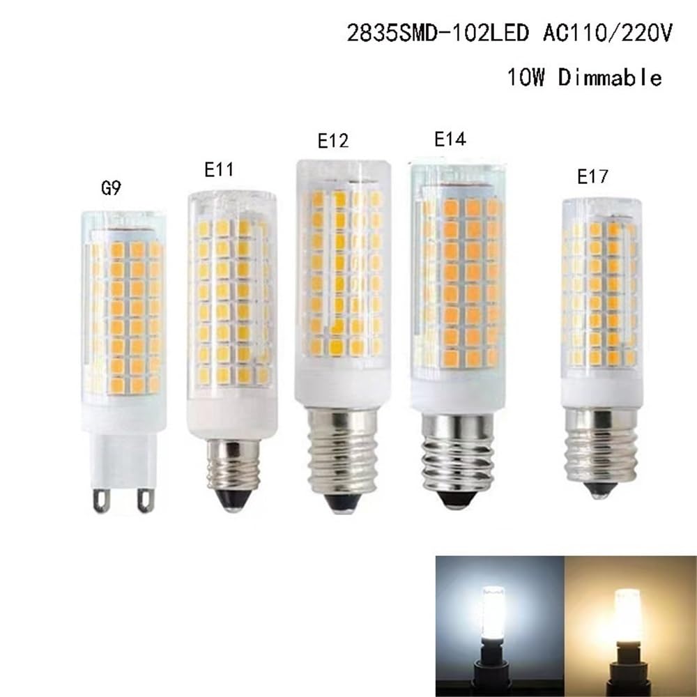 YSJX feux à large tension, 10 pièces/lot 5W 102Leds céramique AC100-130V/220-240V LED petite ampoule G9/E11/E12/E14/E17 lampe de maïs à intensité variable(Warm White 3000K,E12 10W)