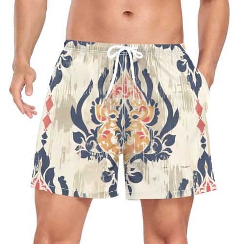 Mens Swim Trunks with Liner, Vintage Ikat Pattern Cool Quick Dry Beach Swim Shorts, Swimwear Bathing Suits S