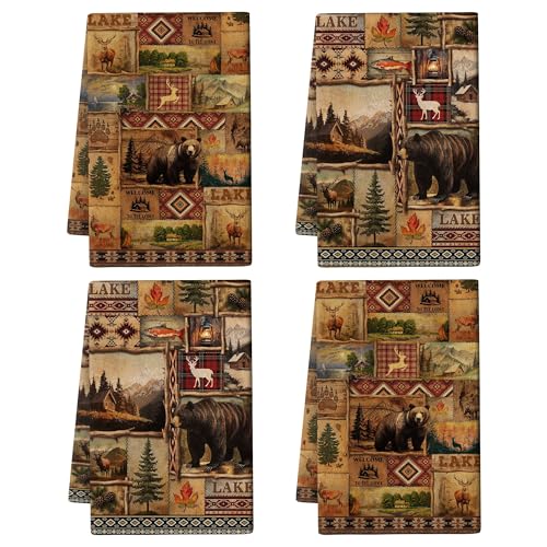 Pintukee Vintage Rustic Kitchen Towel Set of 4, Lodge Bear
