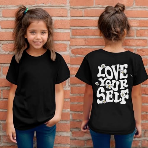 Image of Cute Shirts for Girls Graphic Tees Tweens Tshirts for Kids Girls Short Sleeve Shirt Preppy Summer Tops Clothes(Black,130)