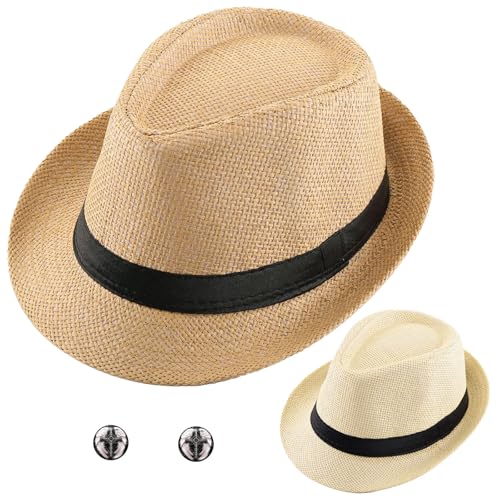 2 Pack Straw Fedora Hats for Men and Women, Short Brim Summer Beach hat, Trilby Panama Sun Hats. (US, Alpha, Medium, Large, Beige/Khaki (Size :M- L))