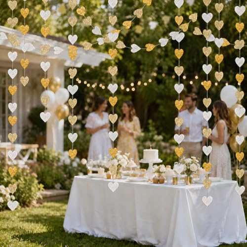 Image of Engagement Party Decorations - White Gold Champagne Heart Streamers Garland