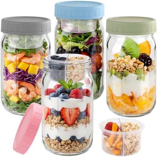 Aevcvok 4 Overnight Oats Jars 940ml Tarros de Cristal con Tapa Hermética para Overnight Oats,Botes de Cristal con Capa Separadora,Frascos de Vidrio con Tapa,Vasos Cristal para Yogur,Avena,Ensalada