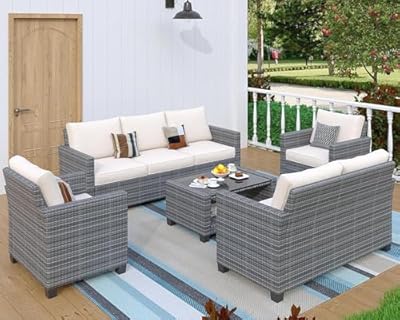 GAOMON 5-Piece Outdoor Patio Furniture Sets, 7 Seat PE Rattan Furniture Sectional Sofa Set with Storage Table, Patio Conversation Sets with Water-Repellent Cushions for Backyard, Deck, Poolside