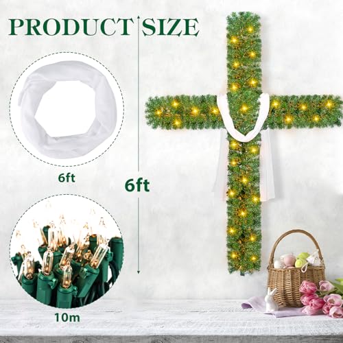 72 Inch Easter Cross Tree with 100 Lights and a White Silk Scarf Christian Easter Decorations Jesus Christ Catholic Cross Decor He is Risen for Outdoor Home Decor
