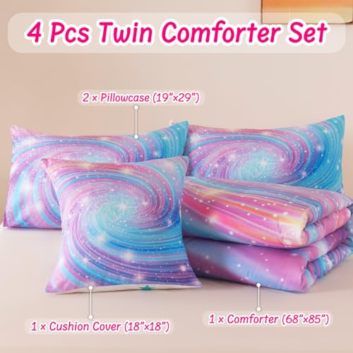 Image of Twin Bedding Set for Girls, Purple Glitter Stars Comforter Set for Girls, Galaxy Bedding Sets Twin Size