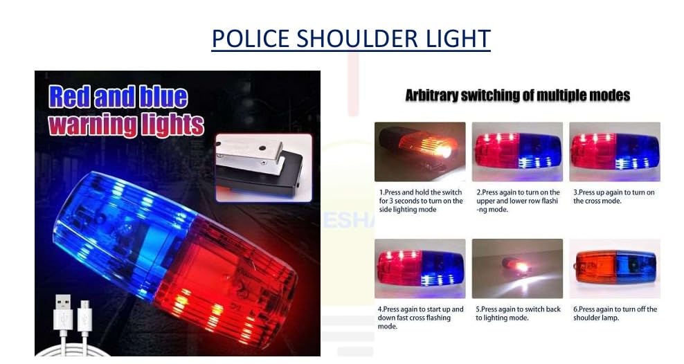Image of HESHAM Rechargeable LED Police Shoulder Light with Clip - Red, Blue & White Strobe Warning Light, 360-Degree Rotation, 500m Visibility, Emergency Safety Flashing Light for Night Patrol