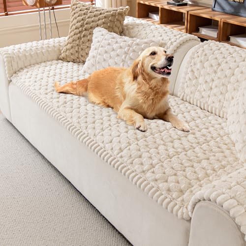 KELUINA Cojín de sofá de terciopelo de tortuga de lujo para la vida cotidiana, diseño acanalado moderno, protector de muebles de sala de estar (beige, 70 x 180 cm)