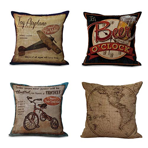 Housse de Coussin 45 x 45 cm Style rétro de Transport pour Moto, vélo, Voiture, Tricycle Avion, Housse de Coussin 4 pièces
