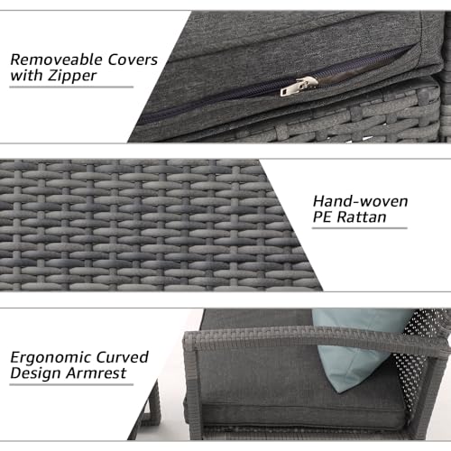 Patiorama 3 Piece Outdoor Patio Furniture Conversation Set, Rattan Chair Set With Coffee Table, For Garden, Balcony, Backyard, Poolside (Dark Grey)