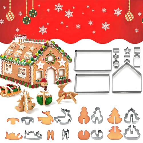 HASTHIP® 18PCS 3D Christmas Gingerbread House Cookie Cutters, Festive Xmas House Cookie Cutter Mold Set, DIY Baking Pastry Tool Biscuit Mold, Gift Box Package