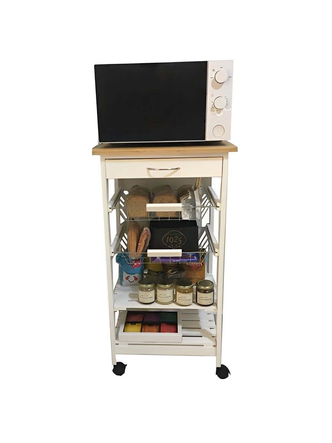 Verdulero frutero de Cocina Color Blanco-Miel, Carro de Cocina con Ruedas, 87x47x37, 2 cestas metalicas y 2 baldas