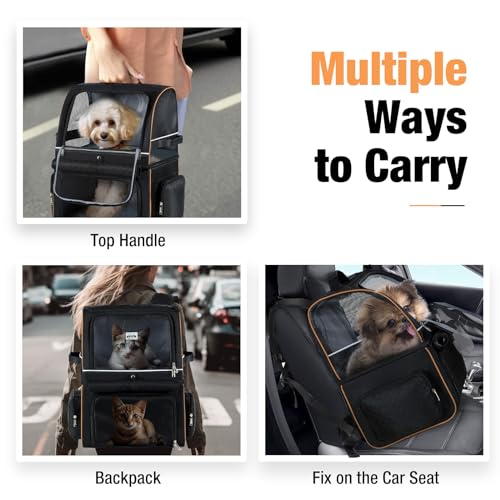Lekespring Doppellagige Katzen Rucksack für 2 Katzen Große Katzen Transport Rucksack Faltbare Haustier Rucksack für Katzen Hunde bis 11kg - Schwarz