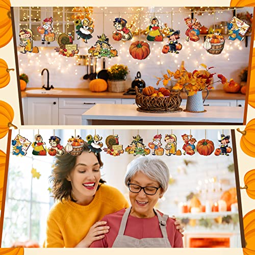 Image of Geelin 24 Pcs Vintage Fall Wooden Ornaments for Tree Decorations Home | Thanksgiving Autumn Harvest Hanging Ornament Pumpkin Turkey Sunflower Wood Cutouts Fall Thanksgiving Decor for Christmas Tree