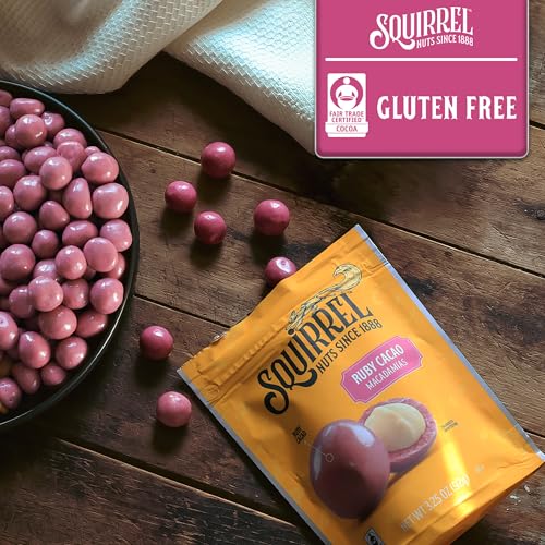 Image of Squirrel Brand Ruby Cacao Macadamias, 3.25 Ounces, Resealable Bag, Gluten Free, Kosher, Snacks for Adults and Kids, Fair Trade Certified Cocoa (Pack of 4)