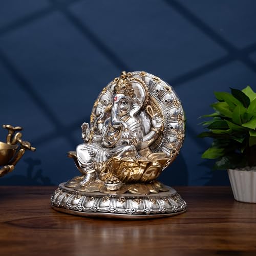 Image of Idolkart 24k Gold and 999 Silver Coated Ganeshji Divine Boxes | Photo with Charan Paduka for Pooja Room (Antique Gold and Silver, 8 Inch)