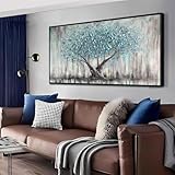 Arjun Framed Blue Tree Canvas Wall Art for Living Room Tree of Life Abstract Bedroom Textured Painting, Nature Picture Landscape Artwork Home Office Decor, Black Wood Large 40'x20'