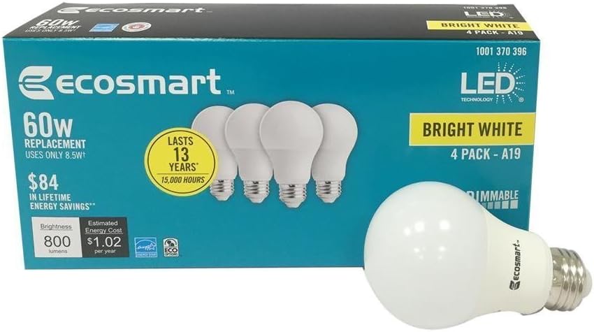 EcoSmart 60W Equivalent Bright White A19 Energy Star + Dimmable LED Light Bulb (4-Pack)