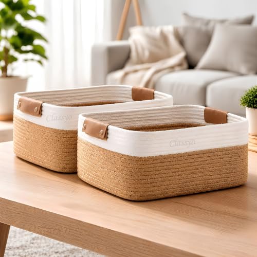 Image of Classyo Cotton Jute Basket for Storage (Pack of 2-12 X 8 X 5 INCH), Jute Storage Basket Ideal for Organization & Gift Hampers | Storage Box Shelf Baskets for Kitchen (Beige and White)